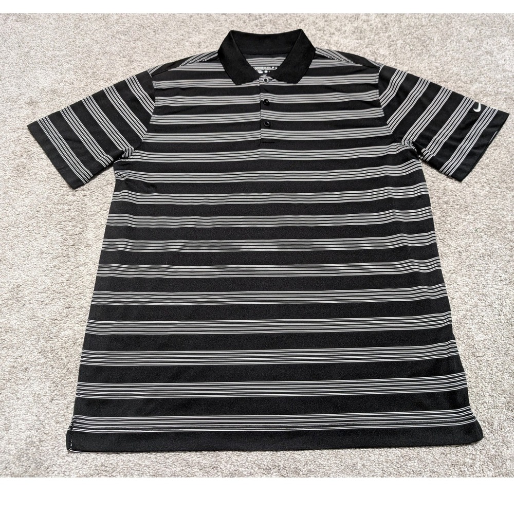Nike Golf Polo Mens L Black White Dri-FIT Striped Short Sleeve Performance Shirt